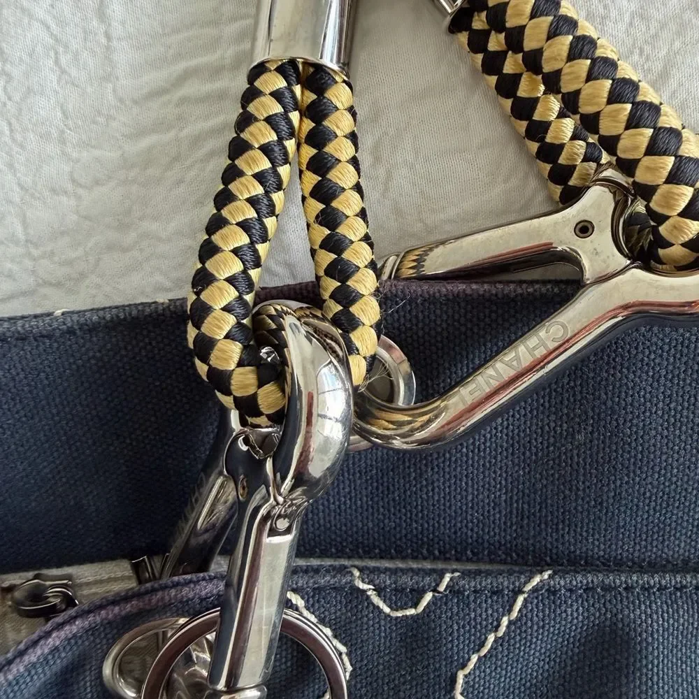CHANEL Navy Quilted Canvas Shoulder Tote with Gold Chain Handles